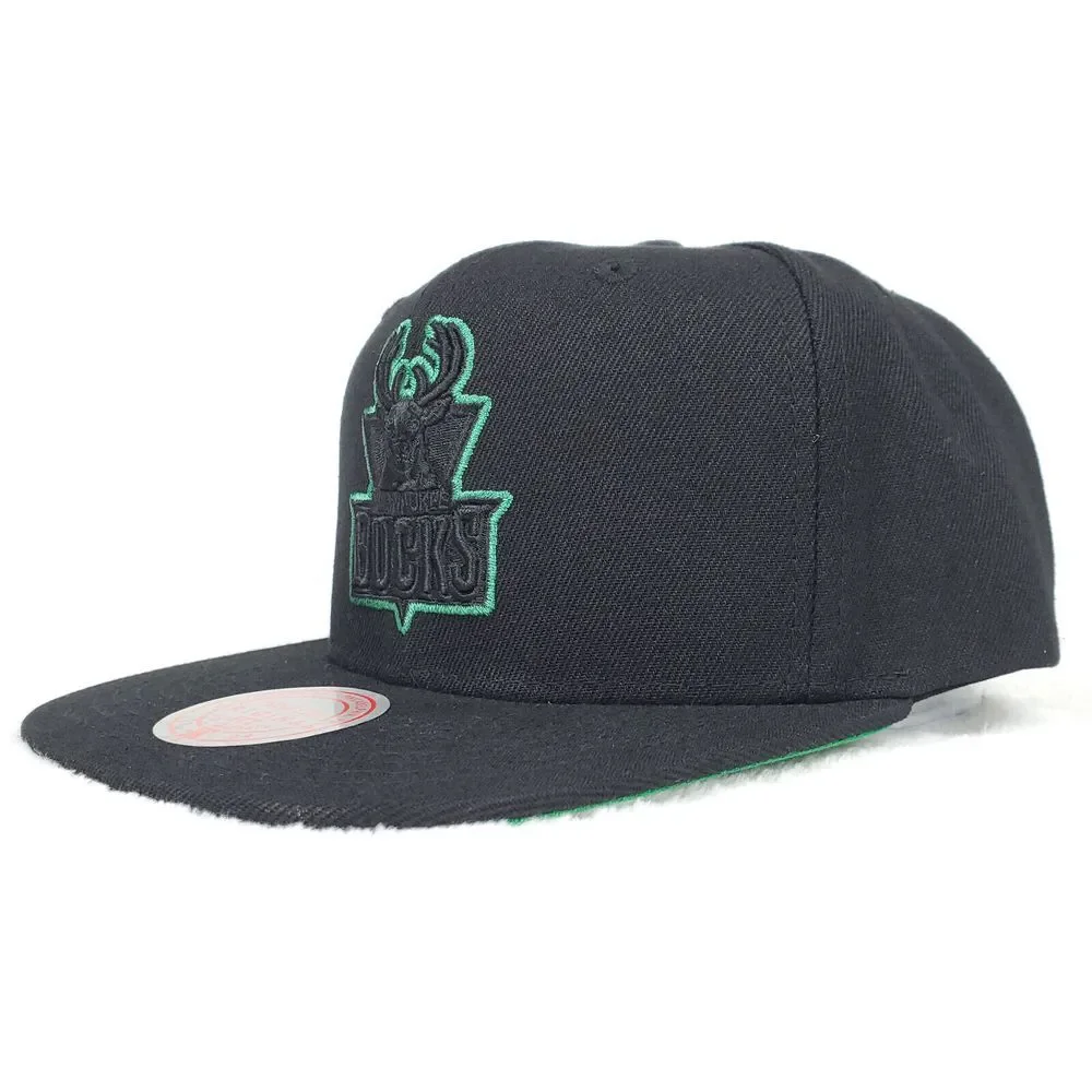Milwaukee Bucks Mitchell & Ness NBA Snapback Hat Cap Black 3D Logo Green Pop NWT
